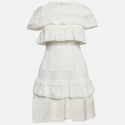 Pre-owned Self-portrait White Broderie Anglaise Cotton Ruffled Mini Dress S