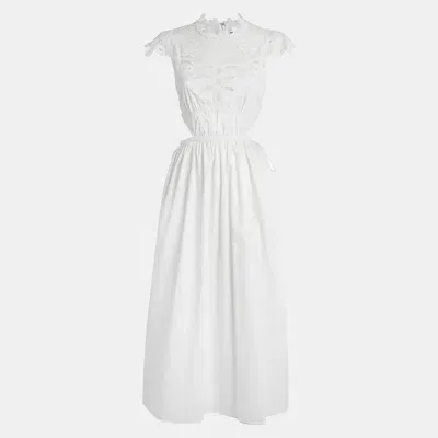 Pre-owned Self-portrait White Cotton Lace Bib Detail Sleeveless Midi Dress S