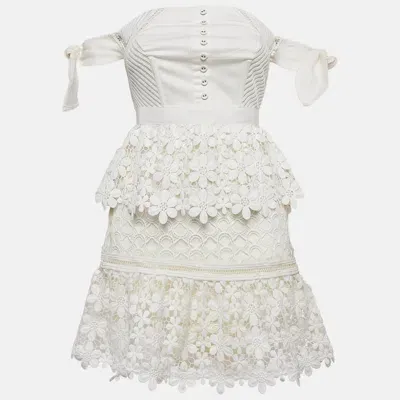 Pre-owned Self-portrait Self Portrait White Lace Tiered Off Shoulder Mini Dress S