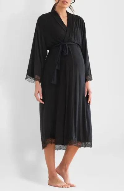 Seraphine Lace Trim Wide Bracelet Sleeve Stretch Maternity Robe In Black