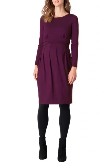 Seraphine Pleated Long Sleeve Maternity/nursing Dress In Burgundy