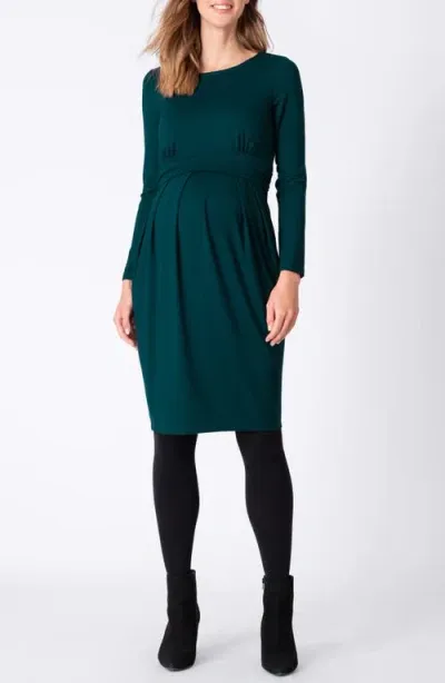 Seraphine Pleated Waist Long Sleeve Maternity/nursing Dress In Open Green