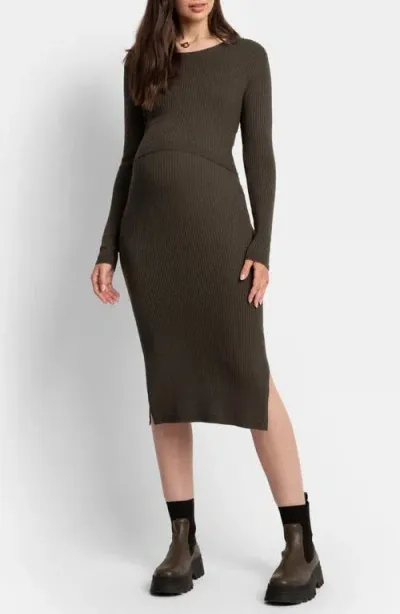 Seraphine Two-piece Rib Maternity/nursing Sweater & Midi Dress Set In Khaki