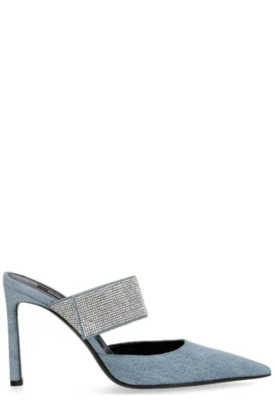 Sergio Rossi Pointed Toe Embellished Denim Pumps In Blue