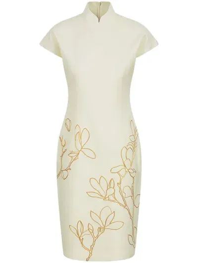 Shanghai Tang Floral-embroidered Qipao Dress In Neutrals