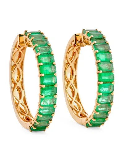 Shay Yellow Gold And Emerald Eternity Hoop Earrings In Green