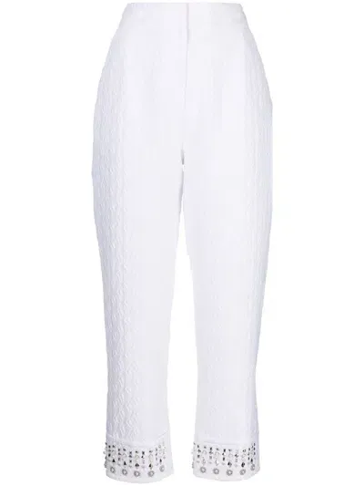 Shiatzy Chen Embroidered-pearl Cropped Trousers In White