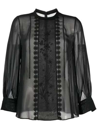 Shiatzy Chen Mulberry Silk Lace-appliqué Shirt In Black