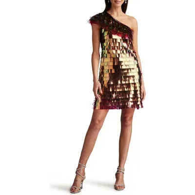 Sho By Tadashi Shoji Sequin Fringe One-shoulder Cocktail Minidress In Bronze Shimmer