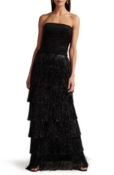 Sho By Tadashi Shoji Strapless Metallic Fringe Gown In Black