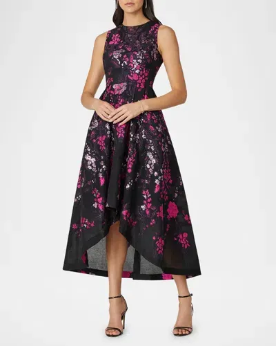 Shoshanna High-low Floral Jacquard Midi Dress In Fuchsiajet