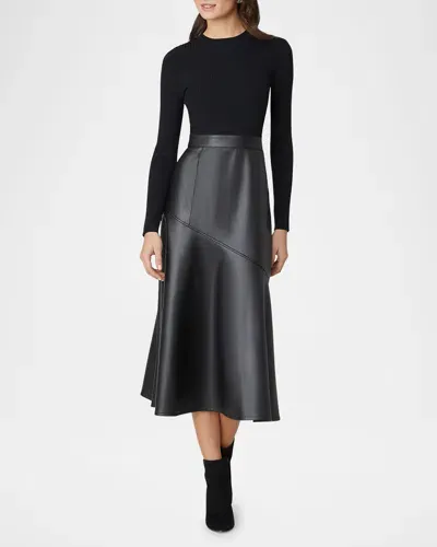 Shoshanna Lonnie Ribbed Knit & Faux Leather Midi Dress In Jet