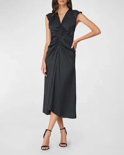 Shoshanna Noah Ruched Cap-sleeve Midi Dress In Jet