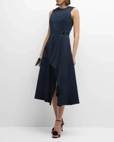 Shoshanna Palmer Pleated Sleeveless A-line Midi Dress In Navy