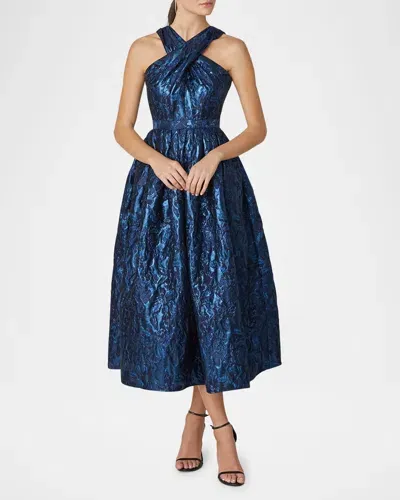 Shoshanna Pleated Crossover Metallic Jacquard Midi Dress In Navy