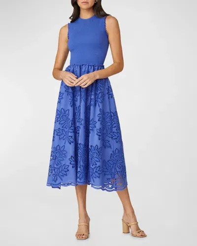 Shoshanna Roberta Floral-embroidered Midi Dress In Amparo Blu