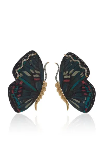 Silvia Furmanovich Butterfly 18k Yellow Gold Marquetry Wood Earrings In Multi