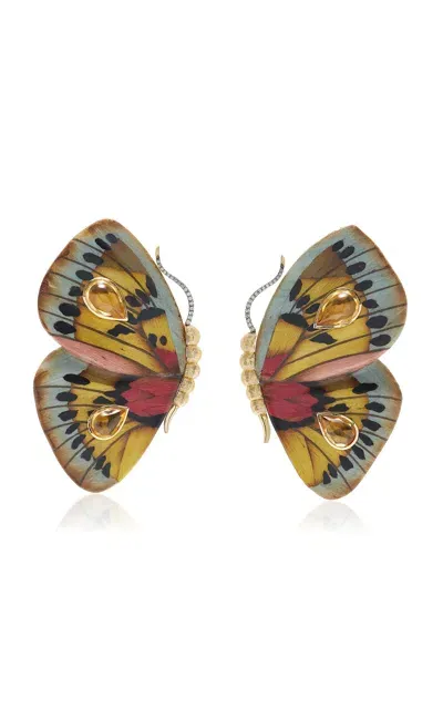 Silvia Furmanovich Medium Butterfly 18k Yellow Gold Marquetry Wood Earrings In Multi