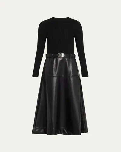 Simkhai Ulyssia Belted Knit And Faux-leather Combo Midi Dress In Black