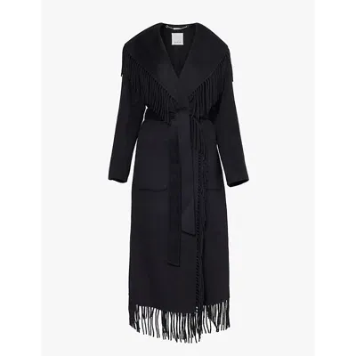 Simkhai Womens Black Carrie Fringe-trim Wool-blend Robe Coat