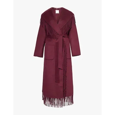 Simkhai Womens Oxblood Carrie Fringe-trim Wool-blend Robe Coat