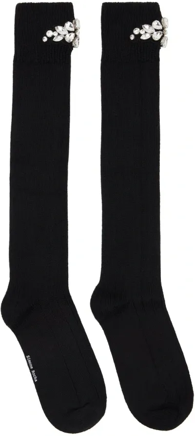 Simone Rocha Black Flower Crystal Emblem Knee High Socks In Black/crystal