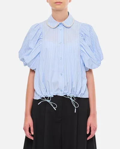 Simone Rocha Cropped Toggle Detail Puff Sleeve Shirt W/ Emb In Blue