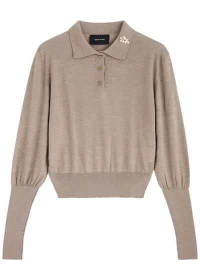 Simone Rocha Crystal-embellished Wool-blend Polo Jumper In Beige