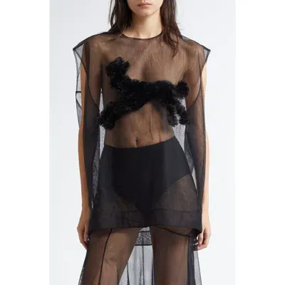 Simone Rocha Faux Fur Creature Sheer Tank Top In Black/black