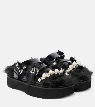 Simone Rocha Faux Fur-trimmed Leather Platform Sandals In Black/black/pearl/clear