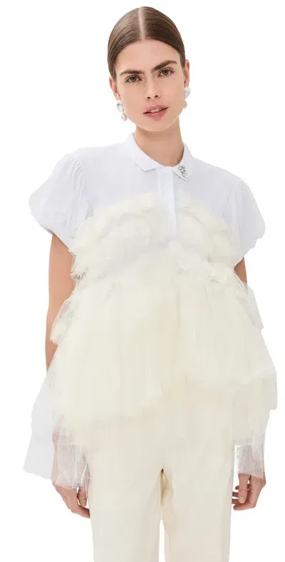 Simone Rocha Puff Sleeve Tulle Frill Polo Shirt White/ivory/pearl/clear