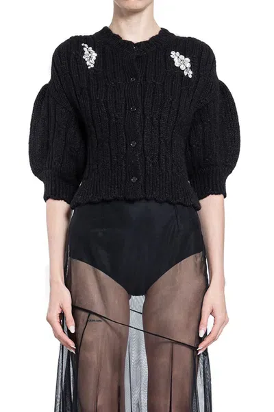 Simone Rocha Cropped Crystal-embellished Scalloped Cable-knit Alpaca-blend Cardigan In Black