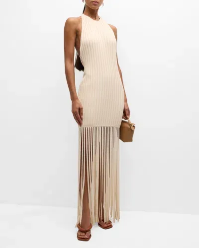 Simonmiller Junjo Fringe Knit Backless Halter Maxi Dress In Seashell