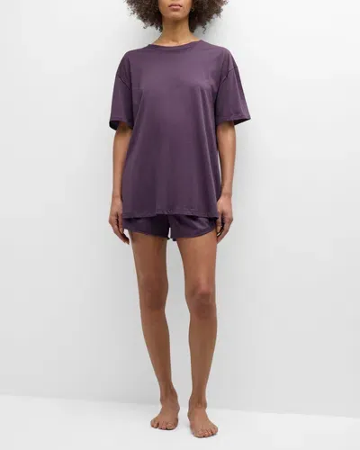 Skin Courtney Crewneck Shorty Cotton Pajama Set In Plum