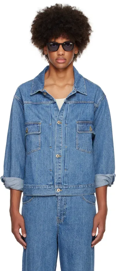 Small Talk Studio Blue Jacquard Stripe Denim Trucker Jacket In Washed Indigo