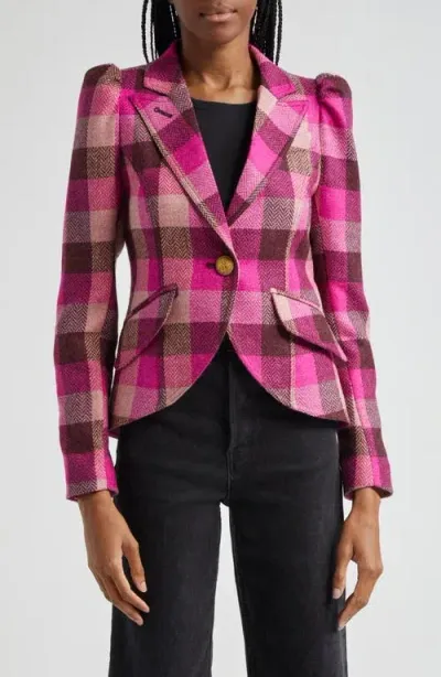 Smythe Check Leather Detail Wool Jacket In Pink Herringbone