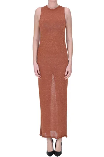 Soallure Lamè Knit Long Dress In Copper