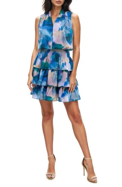 Socialite Abstract Print Sleeveless Tiered Minidress In Blue/pink