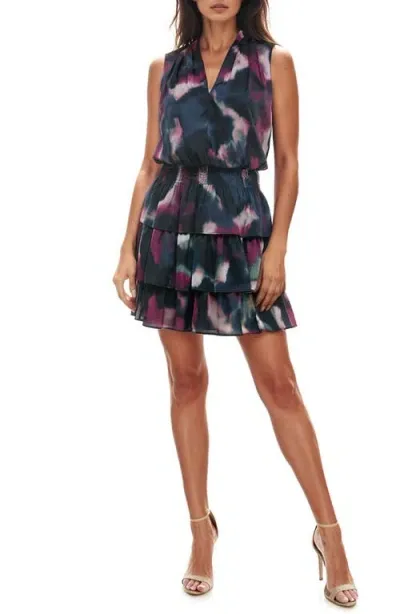 Socialite Abstract Print Sleeveless Tiered Minidress In Navy/violet