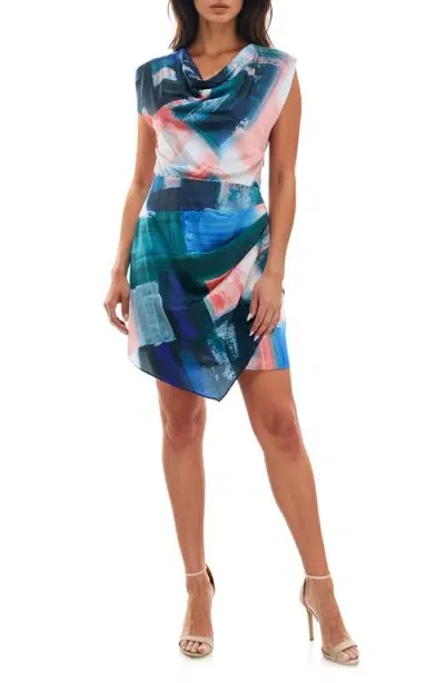 Socialite Cowl Neck Asymmetric Hem Minidress In Navy Abstract Colorblock