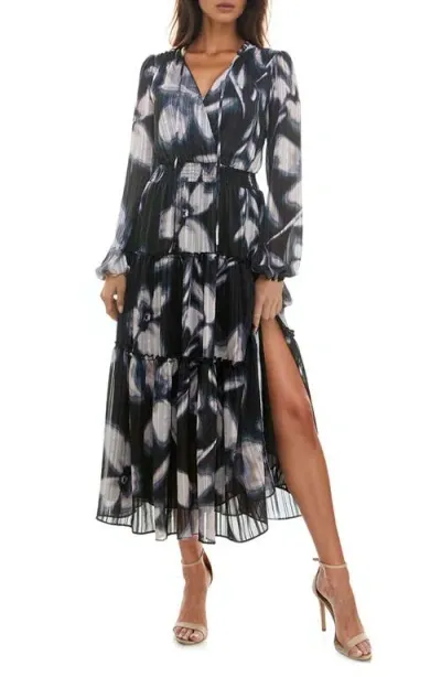 Socialite Floral Long Sleeve Tiered Midi Dress In Black/taupe