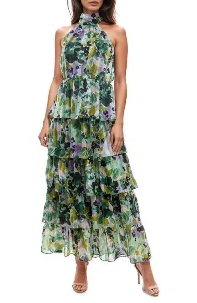 Socialite Floral Print Sleeveless Tiered Maxi Dress In Green/lilac