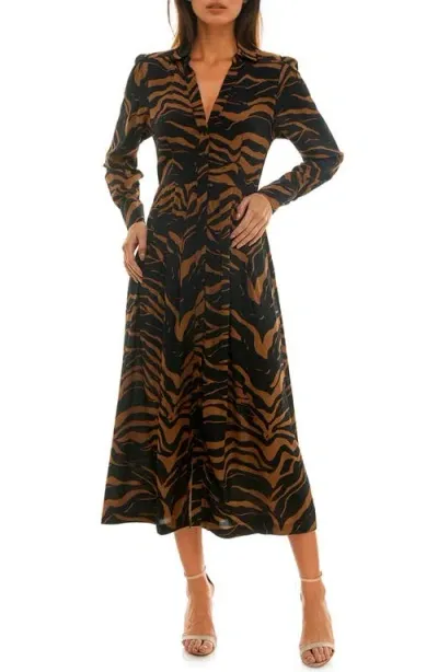 Socialite Long Sleeve Shirtdress In Black/brown