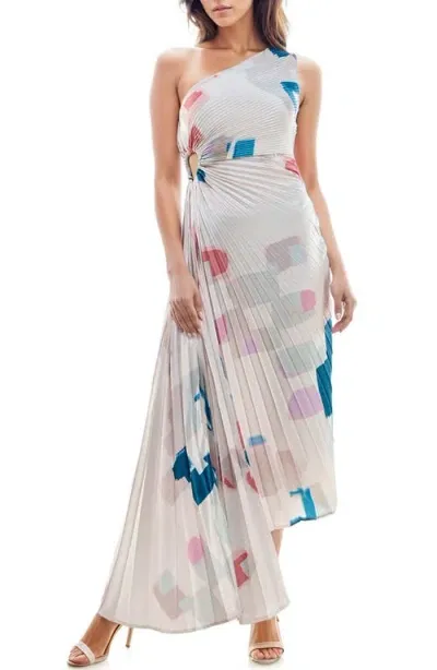 Socialite Print Asymmetric Hem Pleated Maxi Dress In Cream Geo Print