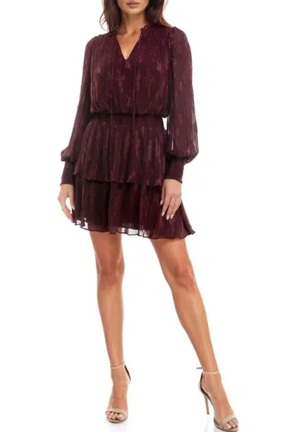 Socialite Smocked Tiered Ruffle Long Sleeve Minidress In Wine Tasting