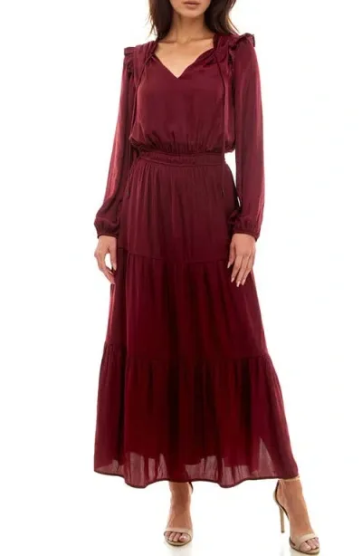 Socialite Tie Neck Long Sleeve Maxi Dress In Dark Wine