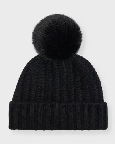 Sofia Cashmere Braided Knit Cashmere Beanie With Faux Fur Pom In Solid Black