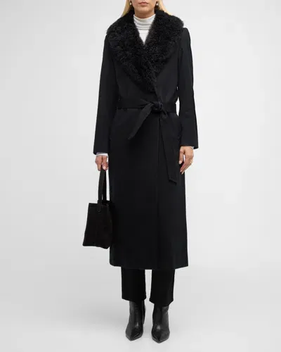 Sofia Cashmere Cashmere-blend Long Belted Wrap Coat With Shearling Collar In Black