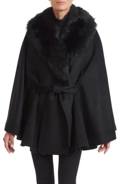 Sofia Cashmere Cashmere Belted Cape Coat With Shearling Collar In Black