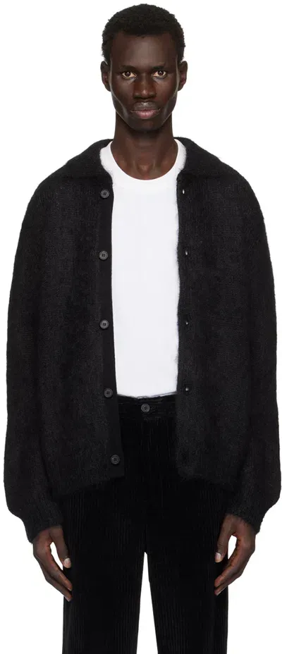 Solid Homme Black Mohair Collar Neck Cardigan In 626b Black